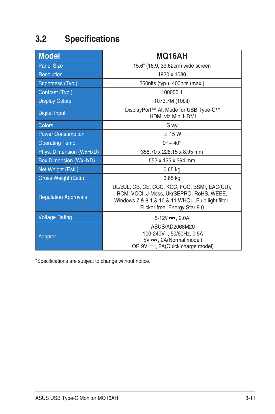 2 specifications, Specifications, Model mq16ah | Asus ZenScreen OLED 15.6" HDR Portable Monitor User Manual | Page 25 / 28