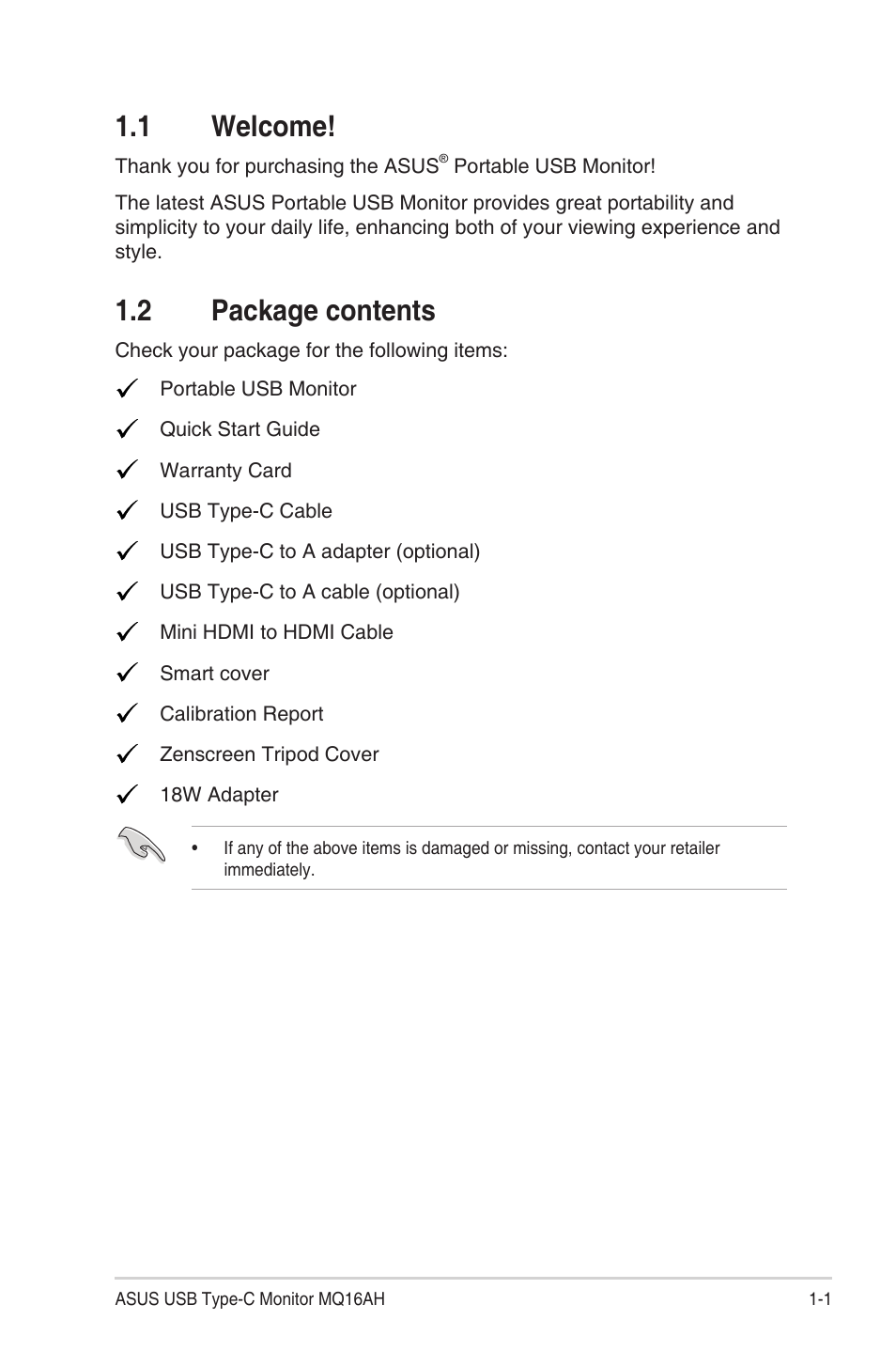 1 welcome, 2 package contents, 1 welcome! -1 1.2 | Package contents -1 | Asus ZenScreen OLED 15.6" HDR Portable Monitor User Manual | Page 7 / 28