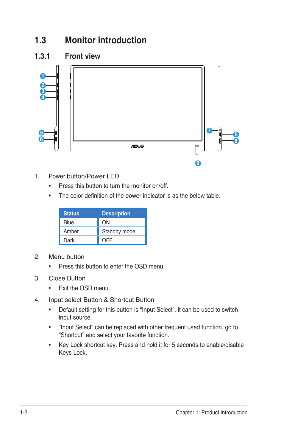 3 monitor introduction, 1 front view, Monitor introduction -2 | Front view -2 | Asus ZenScreen OLED 15.6" HDR Portable Monitor User Manual | Page 8 / 28