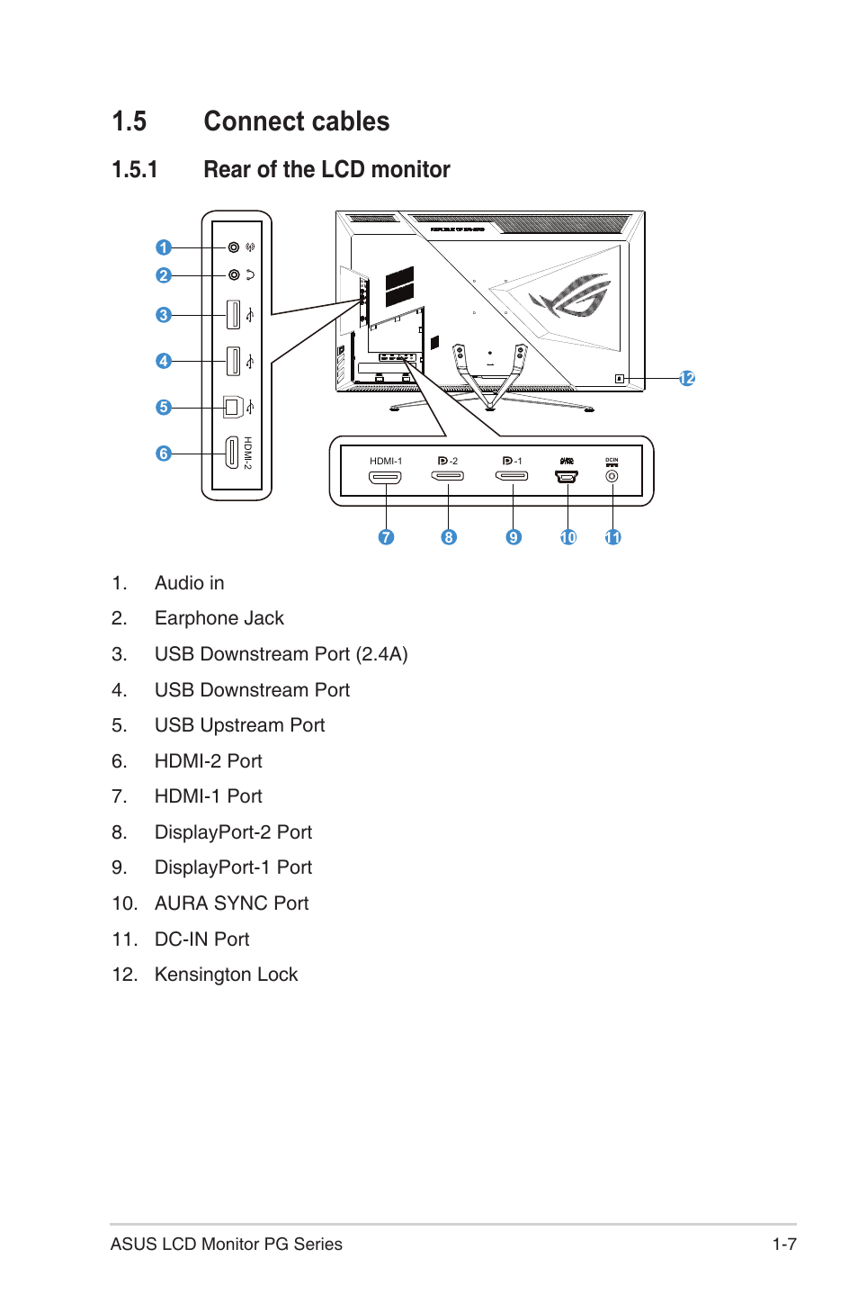 5 connect cables, 1 rear of the lcd monitor | Asus ROG Swift PG43UQ 43" 16:9 144 Hz Gaming Monitor User Manual | Page 14 / 37