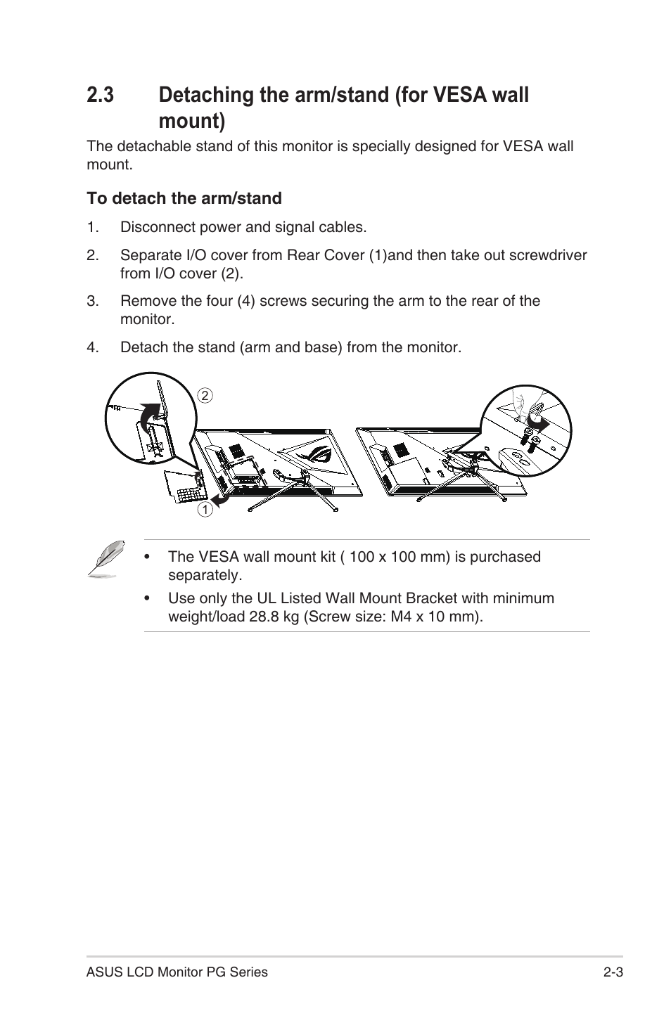 3 detaching the arm/stand (for vesa wall mount) | Asus ROG Swift PG43UQ 43" 16:9 144 Hz Gaming Monitor User Manual | Page 18 / 37