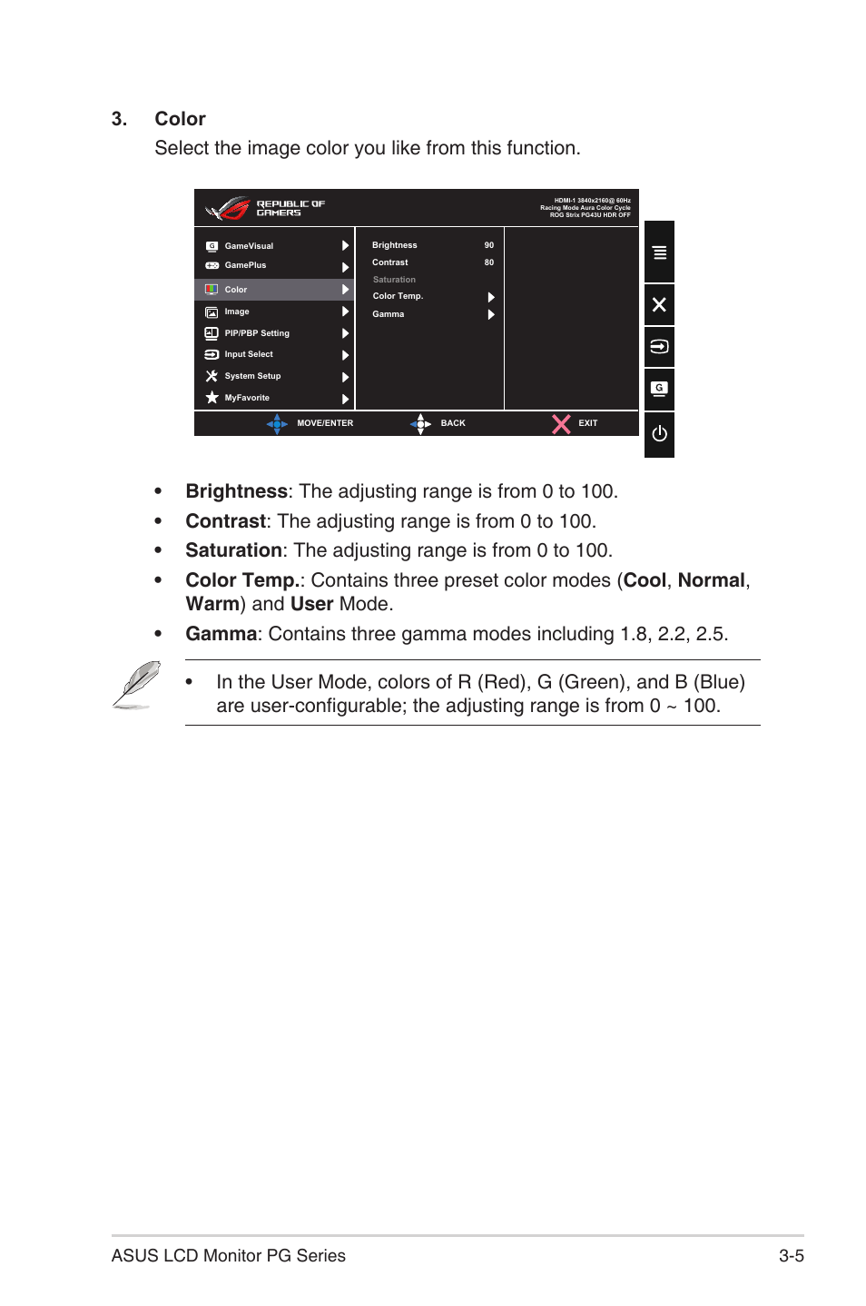 5 asus lcd monitor pg series | Asus ROG Swift PG43UQ 43" 16:9 144 Hz Gaming Monitor User Manual | Page 23 / 37