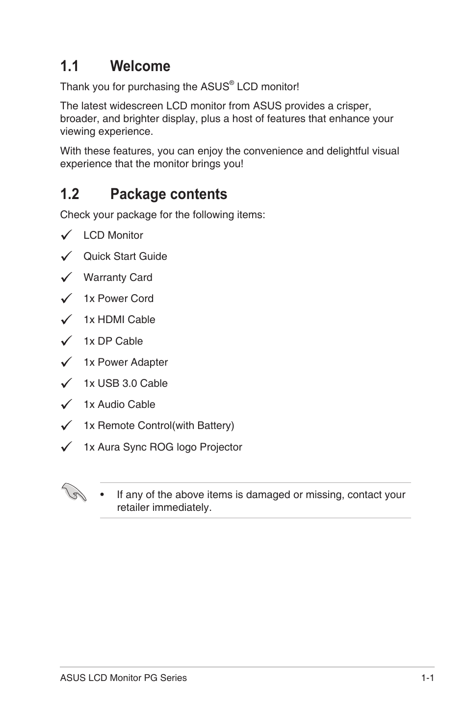 1 welcome, 2 package contents | Asus ROG Swift PG43UQ 43" 16:9 144 Hz Gaming Monitor User Manual | Page 8 / 37