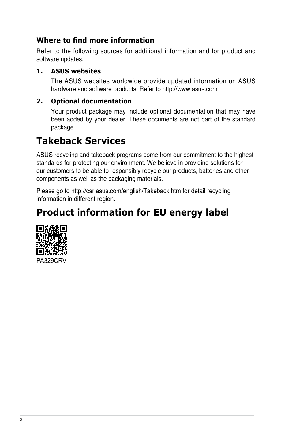 Takeback services, Product information for eu energy label | Asus ProArt Display PA329CRV 31.5" 4K HDR Monitor User Manual | Page 10 / 38