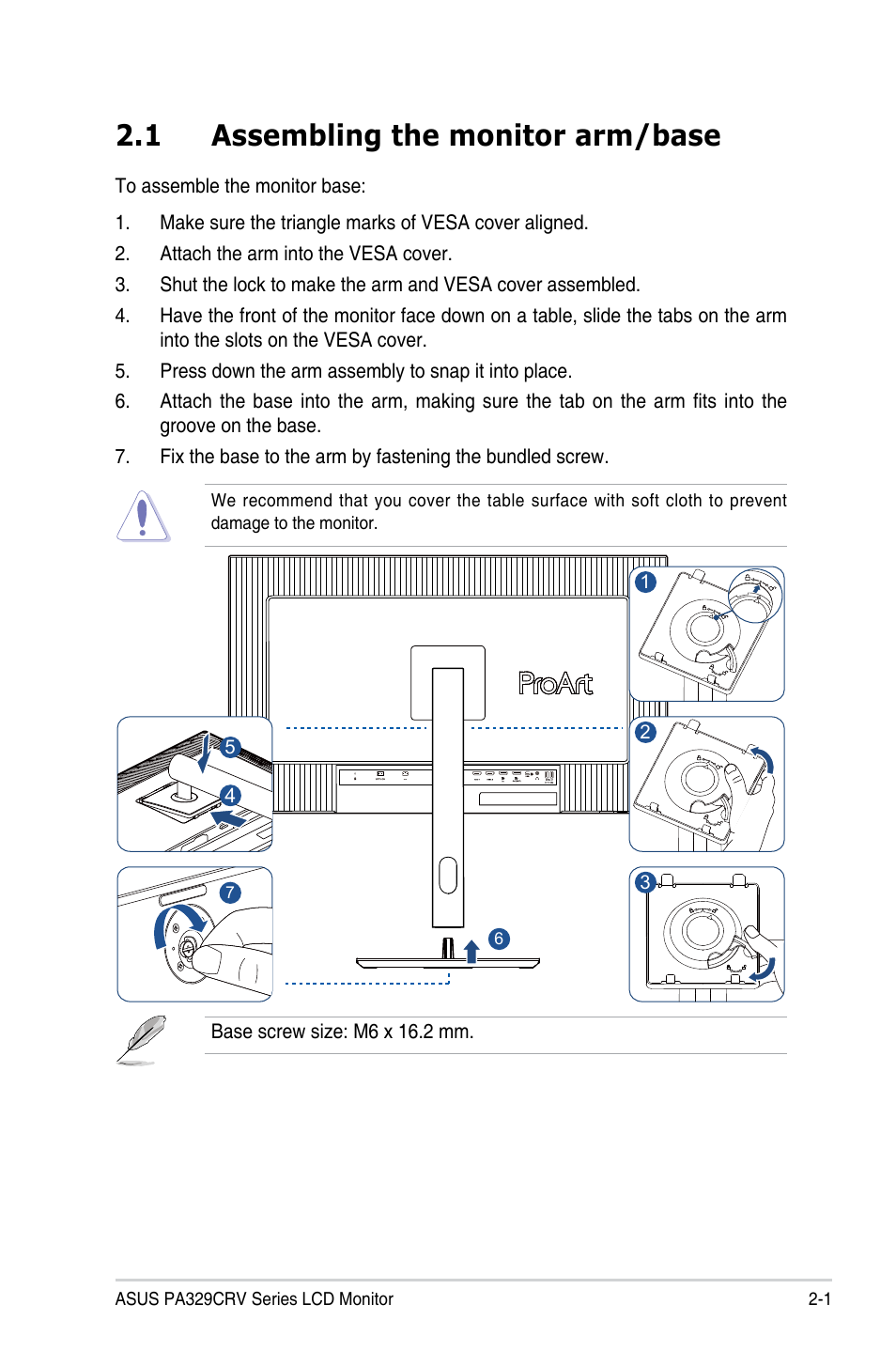 1 assembling the monitor arm/base, Assembling the monitor arm/base -1 | Asus ProArt Display PA329CRV 31.5" 4K HDR Monitor User Manual | Page 17 / 38