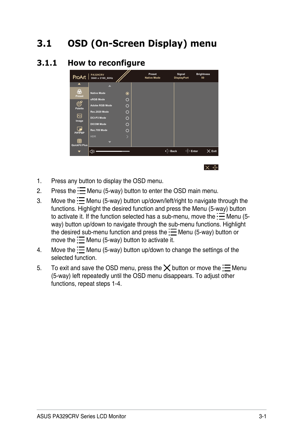 1 osd (on-screen display) menu, 1 how to reconfigure, Chapter 3 | General instructions, Osd (on-screen display) menu -1, How to reconfigure, Chapter 3: general instructions | Asus ProArt Display PA329CRV 31.5" 4K HDR Monitor User Manual | Page 22 / 38