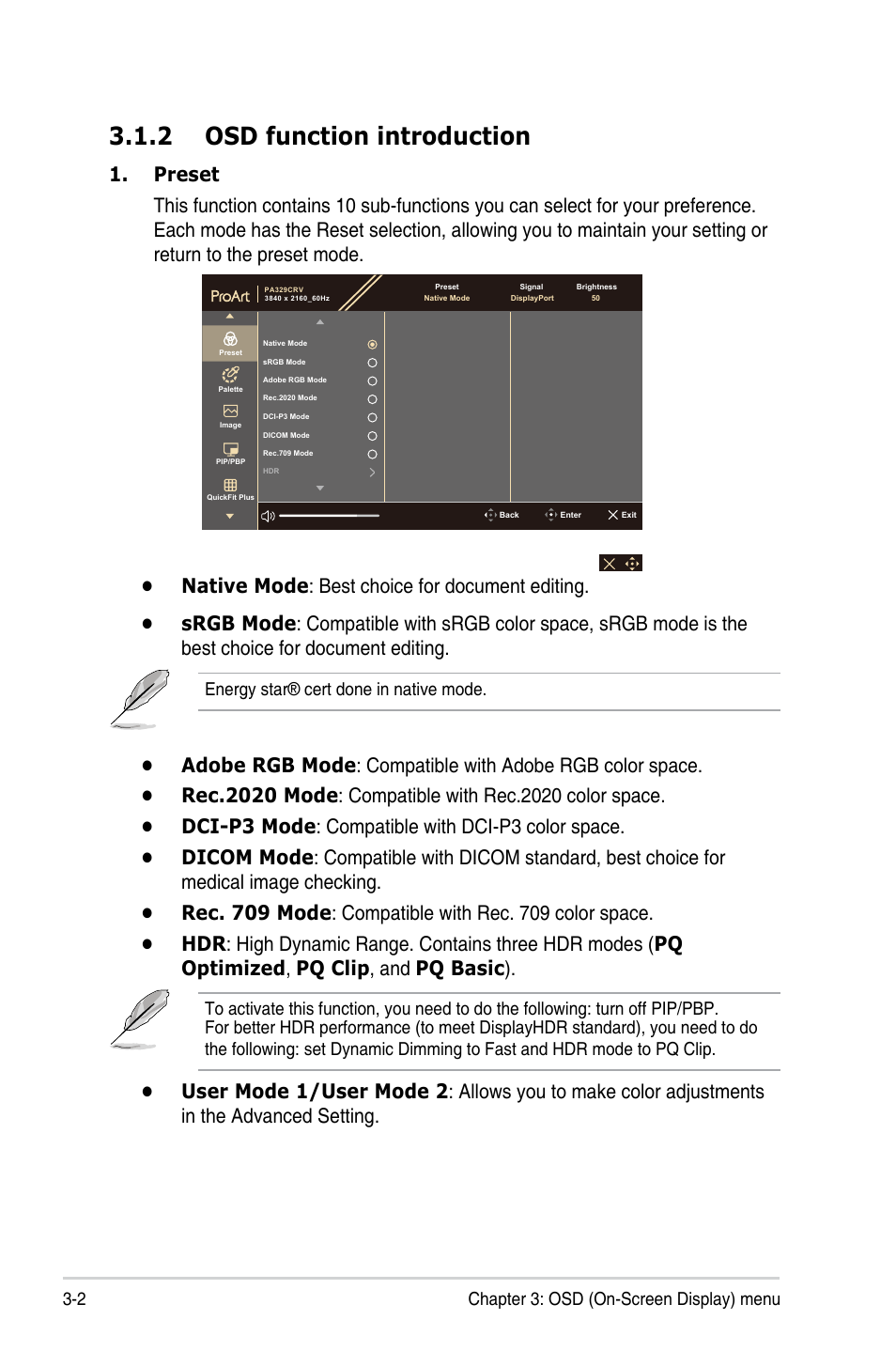 2 osd function introduction, Osd function introduction -2 | Asus ProArt Display PA329CRV 31.5" 4K HDR Monitor User Manual | Page 23 / 38