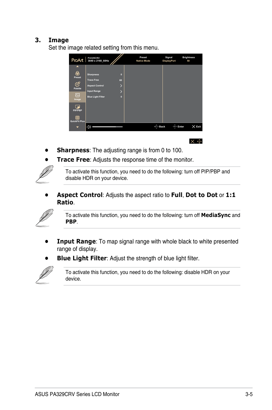 Image set the image related setting from this menu, 5 asus pa329crv series lcd monitor | Asus ProArt Display PA329CRV 31.5" 4K HDR Monitor User Manual | Page 26 / 38