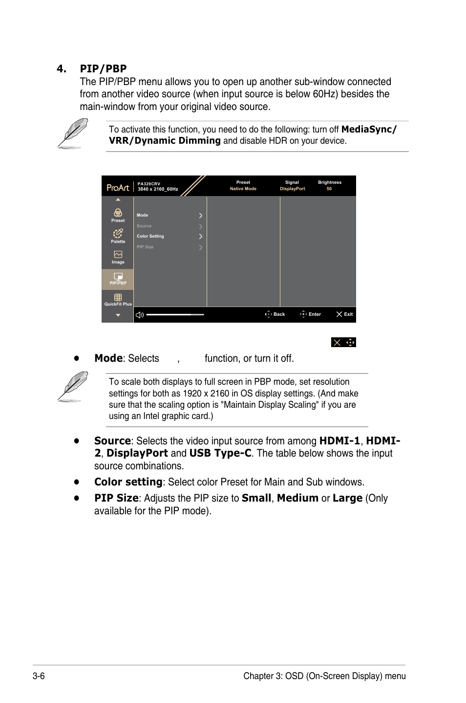 Mode : selects pip , pbp function, or turn it off | Asus ProArt Display PA329CRV 31.5" 4K HDR Monitor User Manual | Page 27 / 38