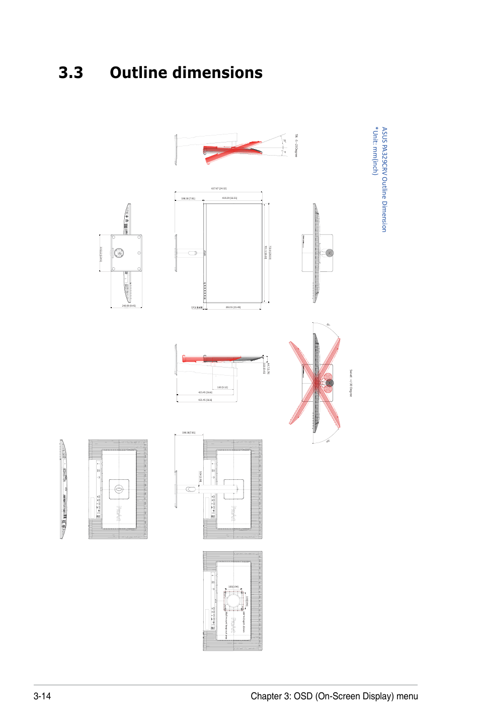 3 outline dimensions, Outline dimensions -14, 14 chapter 3: osd (on-screen display) menu | Asus ProArt Display PA329CRV 31.5" 4K HDR Monitor User Manual | Page 35 / 38