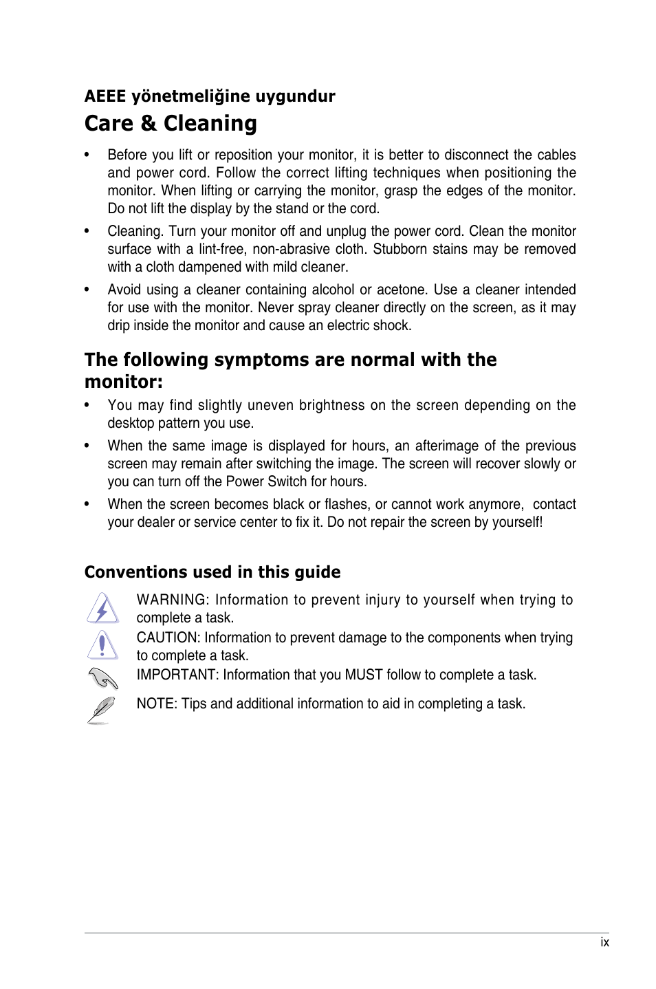 Care & cleaning, The following symptoms are normal with the monitor | Asus ProArt Display PA329CRV 31.5" 4K HDR Monitor User Manual | Page 9 / 38