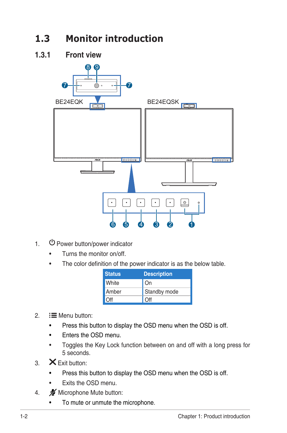 3 monitor introduction, 1 front view, Monitor introduction -2 | Front view -2 | Asus BE24EQSK 23.8" 16:9 IPS Business Monitor with Webcam User Manual | Page 12 / 42