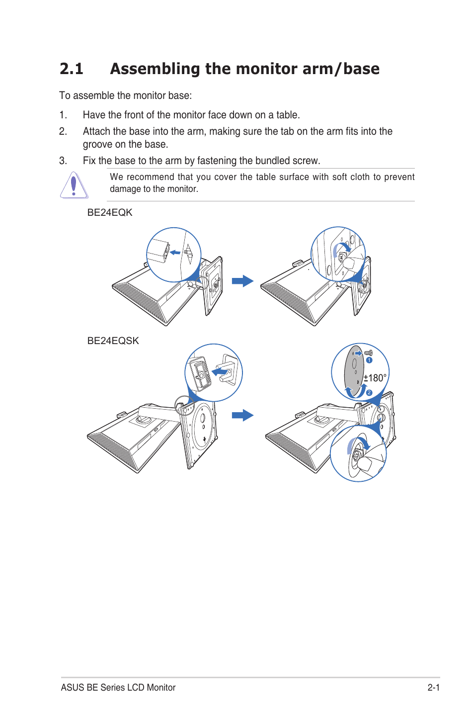 Chapter 2: setup, 1 assembling the monitor arm/base, Assembling the monitor arm/base -1 | Asus BE24EQSK 23.8" 16:9 IPS Business Monitor with Webcam User Manual | Page 15 / 42