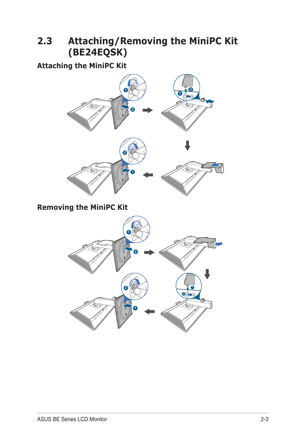 3 attaching/removing the minipc kit (be24eqsk), Attaching/removing the minipc kit (be24eqsk) -3, Attaching the minipc kit | Removing the minipc kit | Asus BE24EQSK 23.8" 16:9 IPS Business Monitor with Webcam User Manual | Page 17 / 42