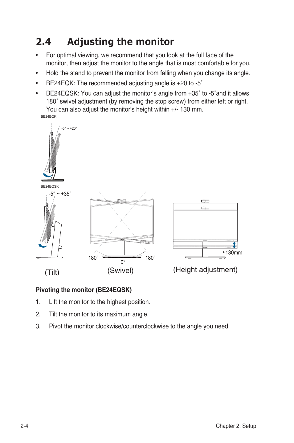 4 adjusting the monitor, Adjusting the monitor -4, Swivel) (height adjustment) (tilt) | Asus BE24EQSK 23.8" 16:9 IPS Business Monitor with Webcam User Manual | Page 18 / 42