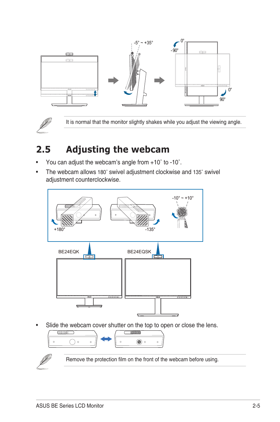 5 adjusting the webcam, Adjusting the webcam -5 | Asus BE24EQSK 23.8" 16:9 IPS Business Monitor with Webcam User Manual | Page 19 / 42