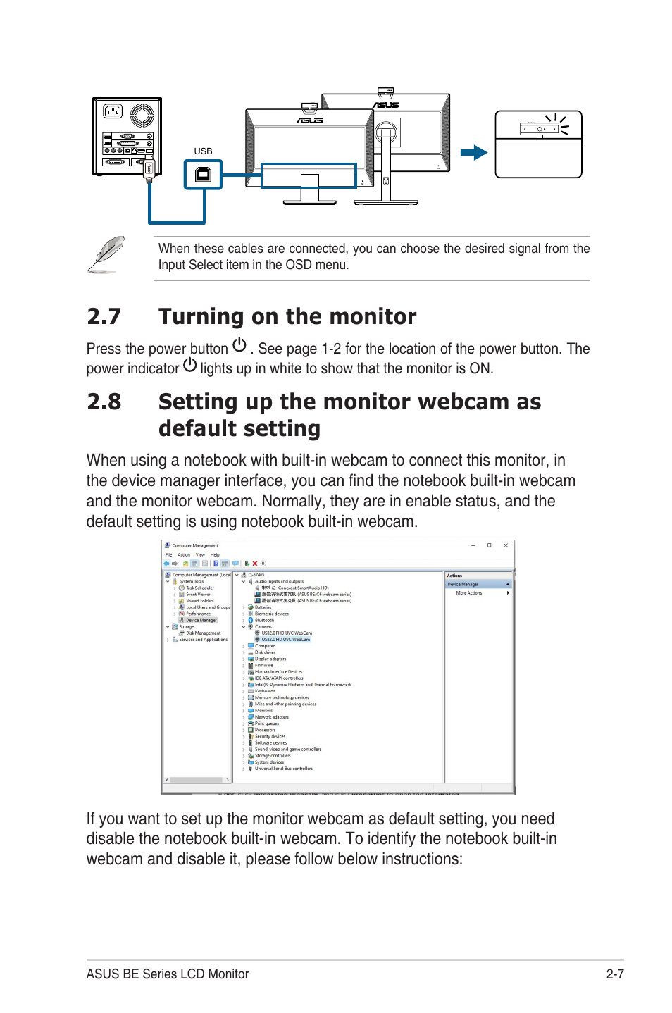 7 turning on the monitor, 8 setting up the monitor webcam as default setting, Turning on the monitor -7 | Asus BE24EQSK 23.8" 16:9 IPS Business Monitor with Webcam User Manual | Page 21 / 42