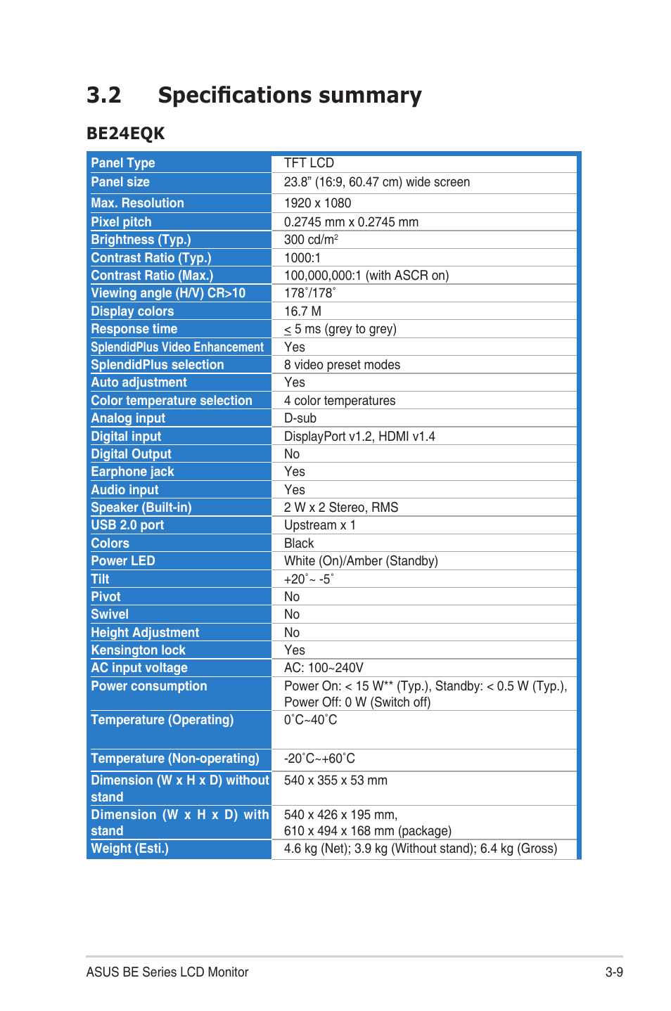 2 specifications summary, Specifications summary, Be24eqk | Asus BE24EQSK 23.8" 16:9 IPS Business Monitor with Webcam User Manual | Page 35 / 42