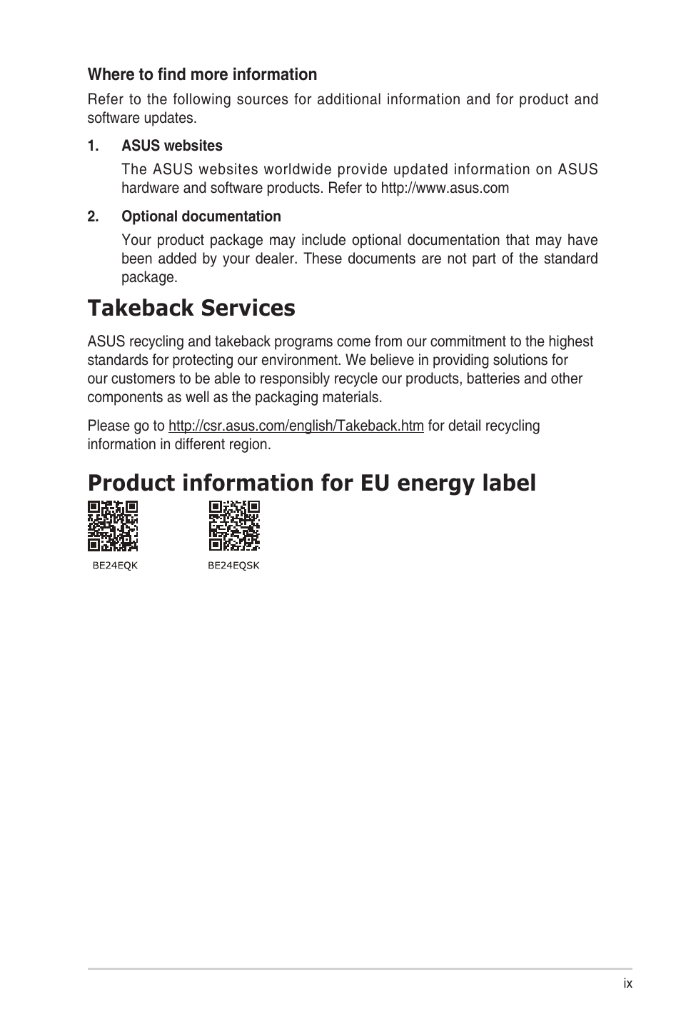 Takeback services, Product information for eu energy label | Asus BE24EQSK 23.8" 16:9 IPS Business Monitor with Webcam User Manual | Page 9 / 42