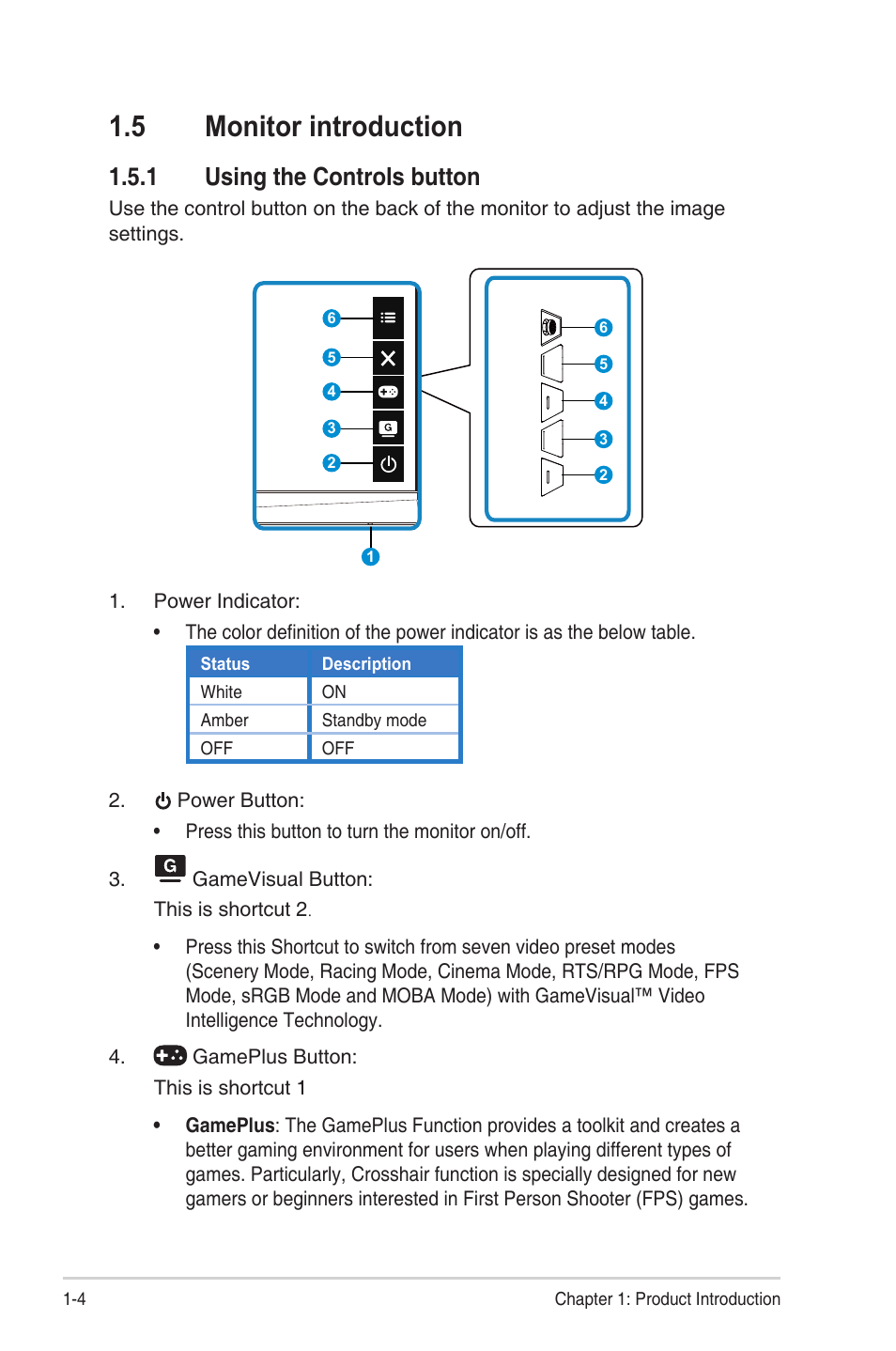 5 monitor introduction, 1 using the controls button, Monitor introduction -4 | Using the controls button -4 | Asus TUF Gaming VG34VQEL1A 34" HDR Curved Ultrawide Gaming Monitor User Manual | Page 12 / 27