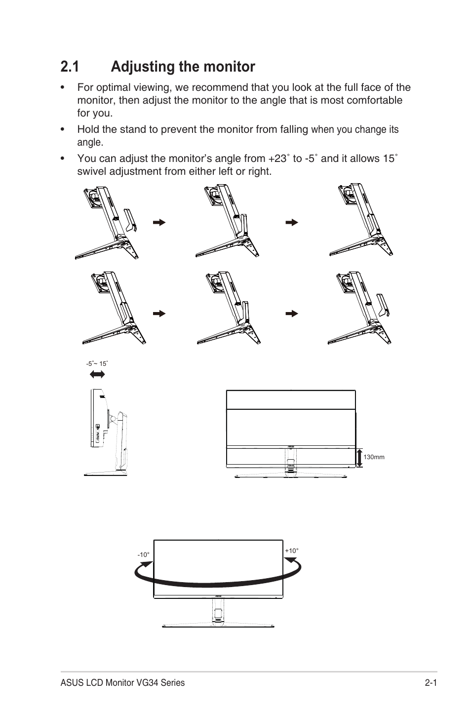 1 adjusting the monitor, Adjusting the monitor -1 | Asus TUF Gaming VG34VQEL1A 34" HDR Curved Ultrawide Gaming Monitor User Manual | Page 14 / 27