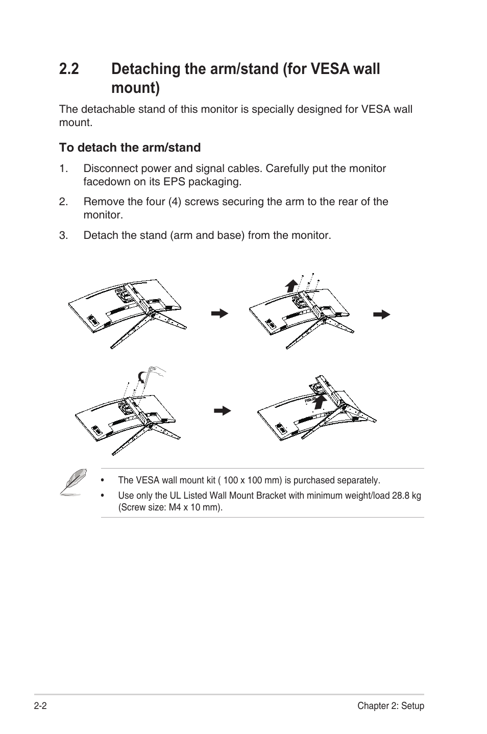 2 detaching the arm/stand (for vesa wall mount), Detaching the arm/stand (for vesa wall mount) -2 | Asus TUF Gaming VG34VQEL1A 34" HDR Curved Ultrawide Gaming Monitor User Manual | Page 15 / 27