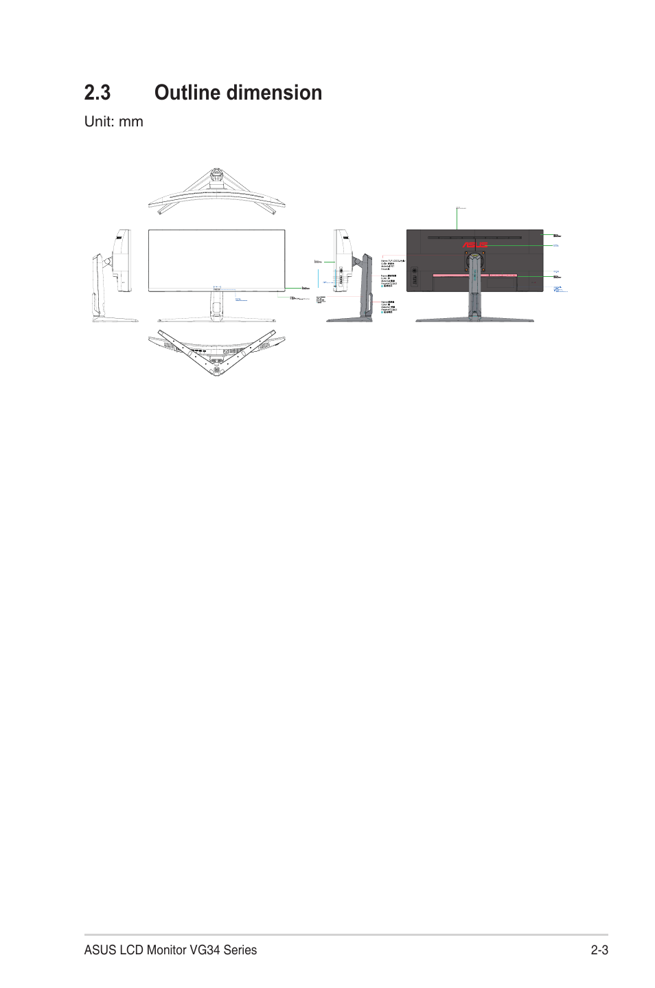 3 outline dimension, Outline dimension -3 | Asus TUF Gaming VG34VQEL1A 34" HDR Curved Ultrawide Gaming Monitor User Manual | Page 16 / 27