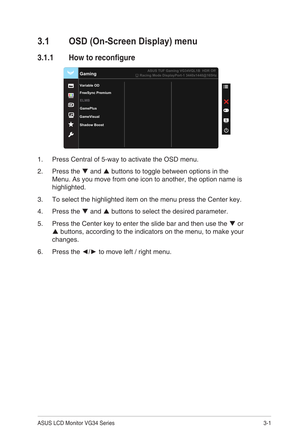 1 osd (on-screen display) menu, 1 how to reconfigure, Osd (on-screen display) menu -1 | How to reconfigure | Asus TUF Gaming VG34VQEL1A 34" HDR Curved Ultrawide Gaming Monitor User Manual | Page 17 / 27