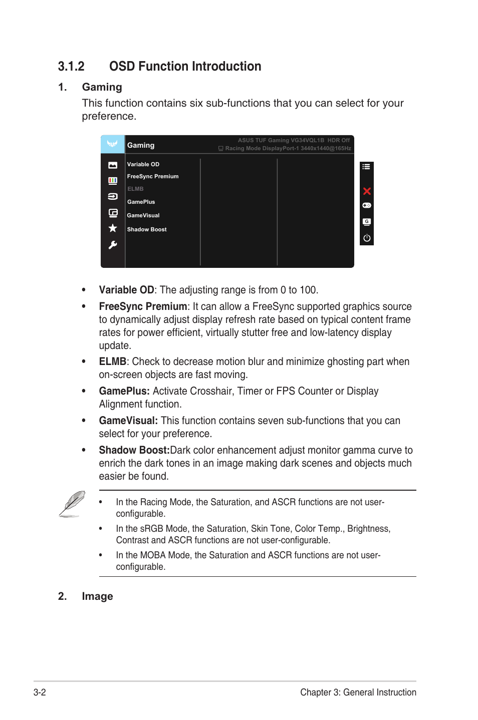 2 osd function introduction, Osd function introduction -2 | Asus TUF Gaming VG34VQEL1A 34" HDR Curved Ultrawide Gaming Monitor User Manual | Page 18 / 27