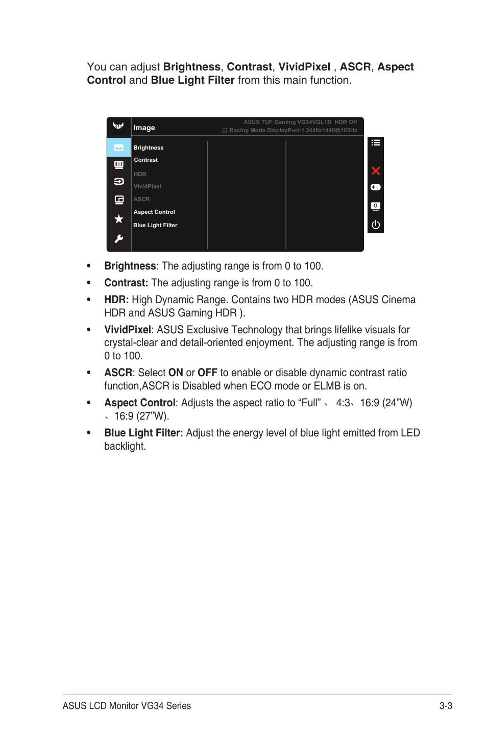 Asus TUF Gaming VG34VQEL1A 34" HDR Curved Ultrawide Gaming Monitor User Manual | Page 19 / 27