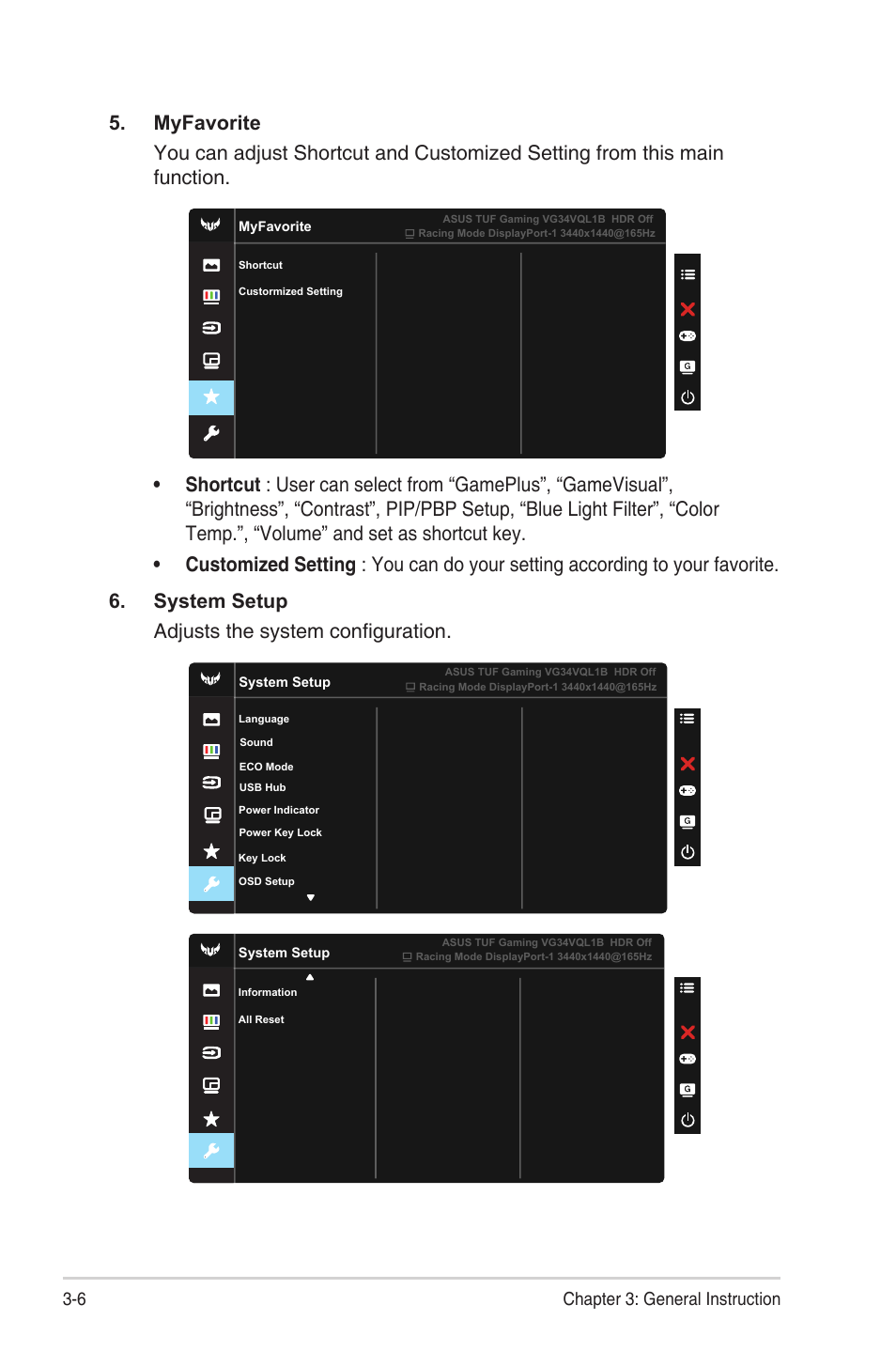 6 chapter 3: general instruction | Asus TUF Gaming VG34VQEL1A 34" HDR Curved Ultrawide Gaming Monitor User Manual | Page 22 / 27