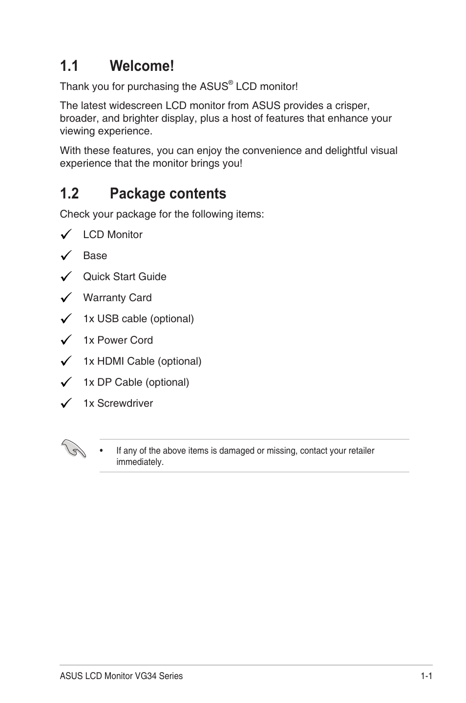1 welcome, 2 package contents, 1 welcome! -1 1.2 | Package contents -1 | Asus TUF Gaming VG34VQEL1A 34" HDR Curved Ultrawide Gaming Monitor User Manual | Page 9 / 27