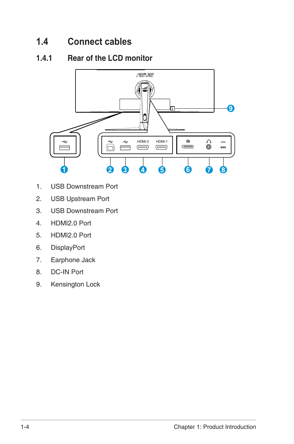 4 connect cables, 1 rear of the lcd monitor, Connect cables -4 | Rear of the lcd monitor -4 | Asus Republic of Gamers Strix XG49VQ 49" 32:9 Ultra-Wide Curved 144 Hz FreeSync LCD Gaming Monitor User Manual | Page 11 / 31