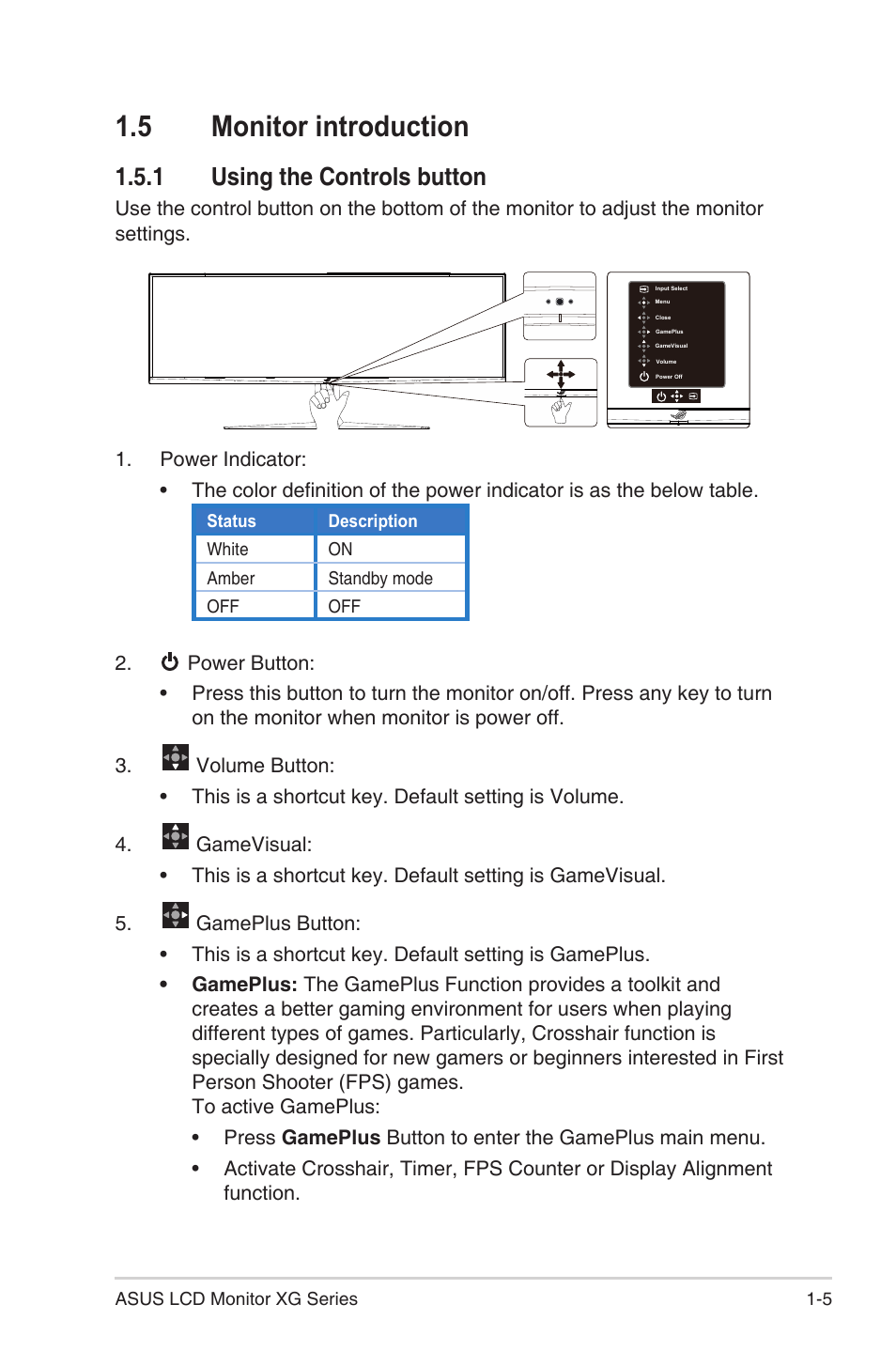 5 monitor introduction, 1 using the controls button, Monitor introduction -5 | Using the controls button -5 | Asus Republic of Gamers Strix XG49VQ 49" 32:9 Ultra-Wide Curved 144 Hz FreeSync LCD Gaming Monitor User Manual | Page 12 / 31