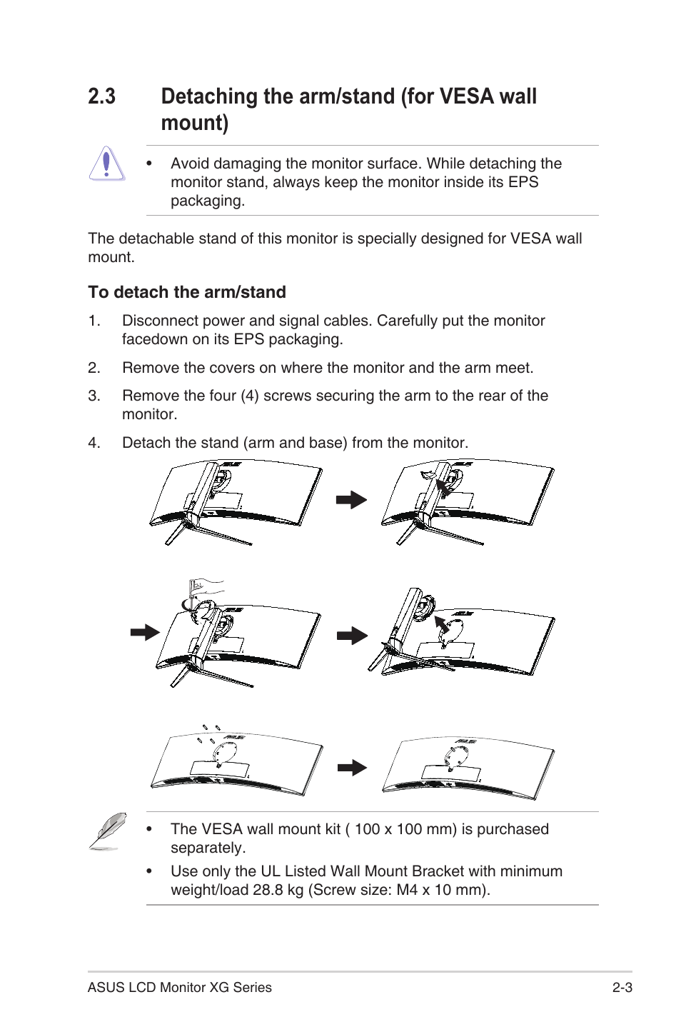 3 detaching the arm/stand (for vesa wall mount), Detaching the arm/stand (for vesa wall mount) -3 | Asus Republic of Gamers Strix XG49VQ 49" 32:9 Ultra-Wide Curved 144 Hz FreeSync LCD Gaming Monitor User Manual | Page 16 / 31