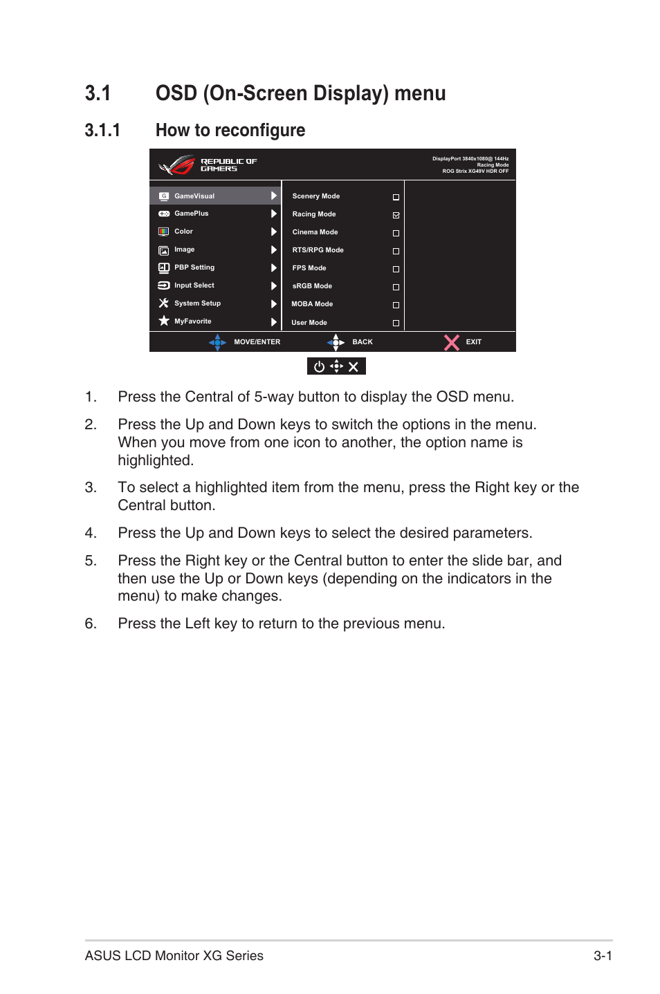 1 osd (on-screen display) menu, 1 how to reconfigure, Osd (on-screen display) menu -1 | How to reconfigure -1, 1 asus lcd monitor xg series | Asus Republic of Gamers Strix XG49VQ 49" 32:9 Ultra-Wide Curved 144 Hz FreeSync LCD Gaming Monitor User Manual | Page 17 / 31