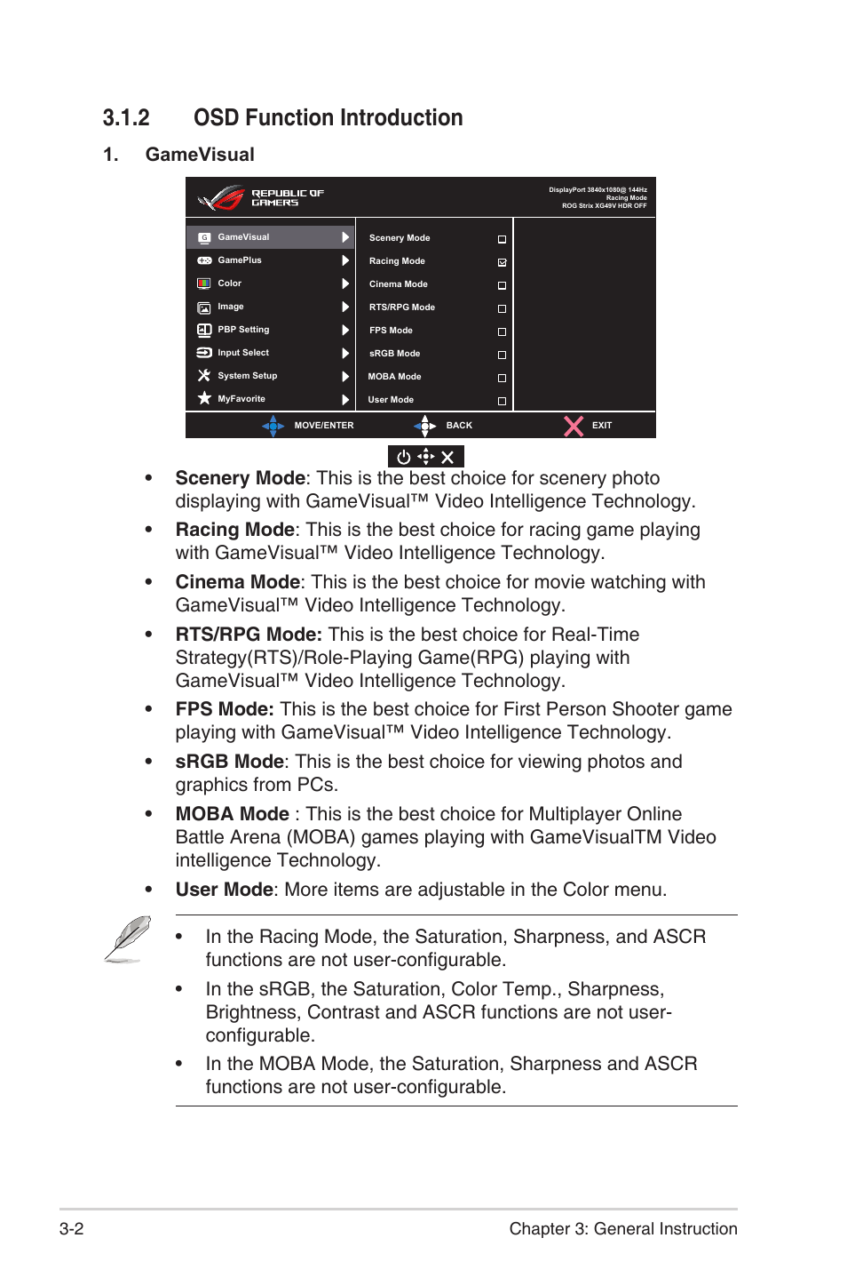 2 osd function introduction, Osd function introduction -2, Gamevisual | Asus Republic of Gamers Strix XG49VQ 49" 32:9 Ultra-Wide Curved 144 Hz FreeSync LCD Gaming Monitor User Manual | Page 18 / 31