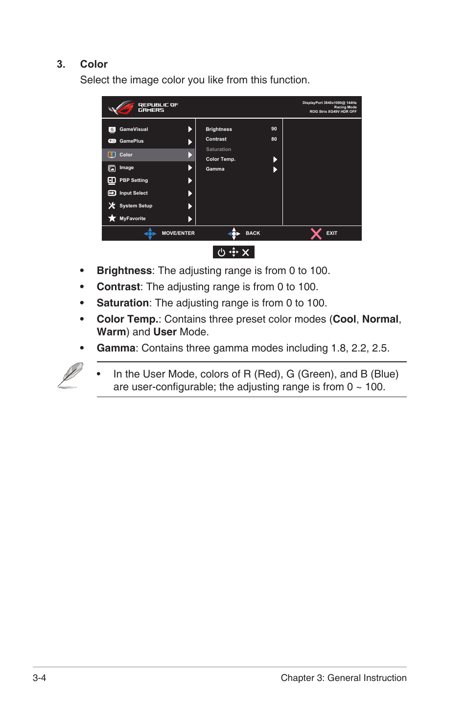 4 chapter 3: general instruction | Asus Republic of Gamers Strix XG49VQ 49" 32:9 Ultra-Wide Curved 144 Hz FreeSync LCD Gaming Monitor User Manual | Page 20 / 31