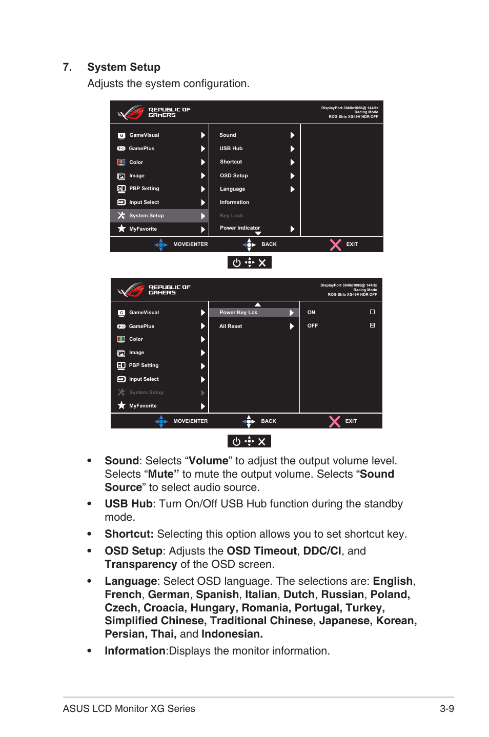 System setup adjusts the system configuration, 9 asus lcd monitor xg series | Asus Republic of Gamers Strix XG49VQ 49" 32:9 Ultra-Wide Curved 144 Hz FreeSync LCD Gaming Monitor User Manual | Page 25 / 31