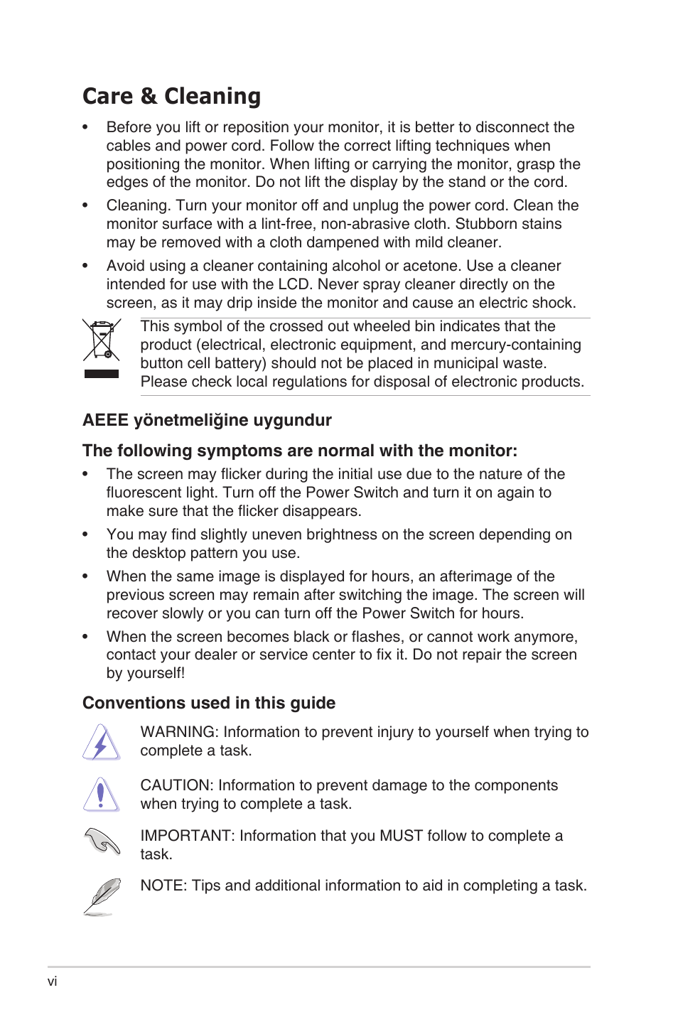 Care & cleaning | Asus Republic of Gamers Strix XG49VQ 49" 32:9 Ultra-Wide Curved 144 Hz FreeSync LCD Gaming Monitor User Manual | Page 6 / 31