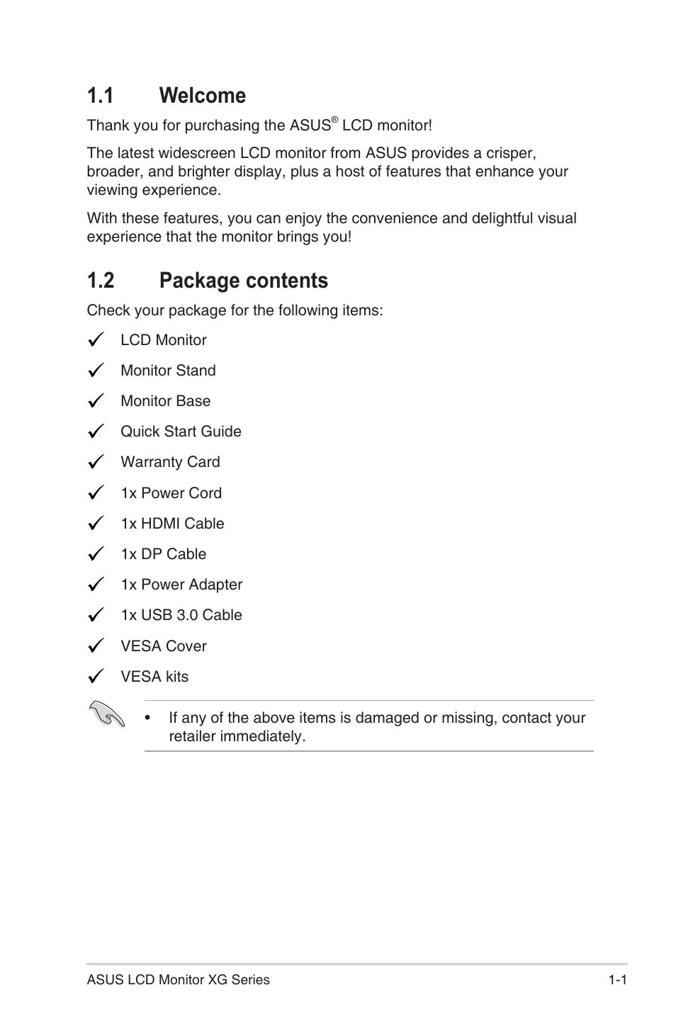 1 welcome, 2 package contents, 1 welcome -1 1.2 | Package contents -1 | Asus Republic of Gamers Strix XG49VQ 49" 32:9 Ultra-Wide Curved 144 Hz FreeSync LCD Gaming Monitor User Manual | Page 8 / 31