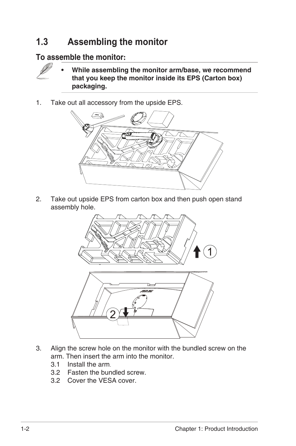 3 assembling the monitor, Assembling the monitor -2 | Asus Republic of Gamers Strix XG49VQ 49" 32:9 Ultra-Wide Curved 144 Hz FreeSync LCD Gaming Monitor User Manual | Page 9 / 31