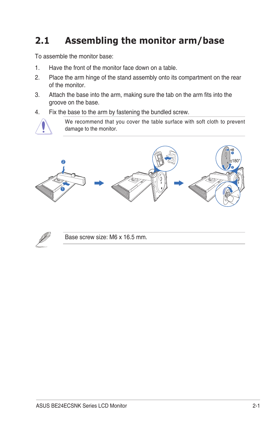 Chapter 2: setup, 1 assembling the monitor arm/base, Assembling the monitor arm/base -1 | Asus BE24ECSNK 23.8" Video Conferencing Monitor User Manual | Page 17 / 44