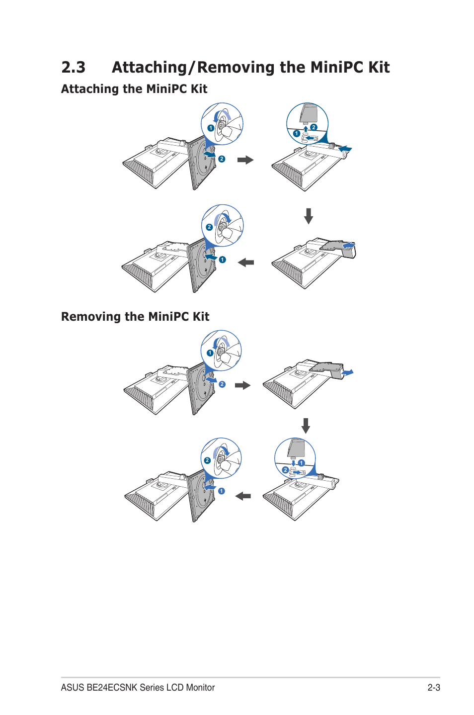 3 attaching/removing the minipc kit, Attaching/removing the minipc kit -3, Attaching the minipc kit | Removing the minipc kit, 3 asus be24ecsnk series lcd monitor | Asus BE24ECSNK 23.8" Video Conferencing Monitor User Manual | Page 19 / 44