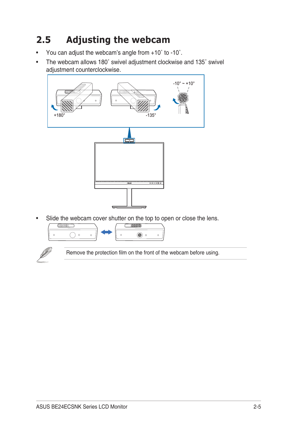 5 adjusting the webcam, Adjusting the webcam | Asus BE24ECSNK 23.8" Video Conferencing Monitor User Manual | Page 21 / 44