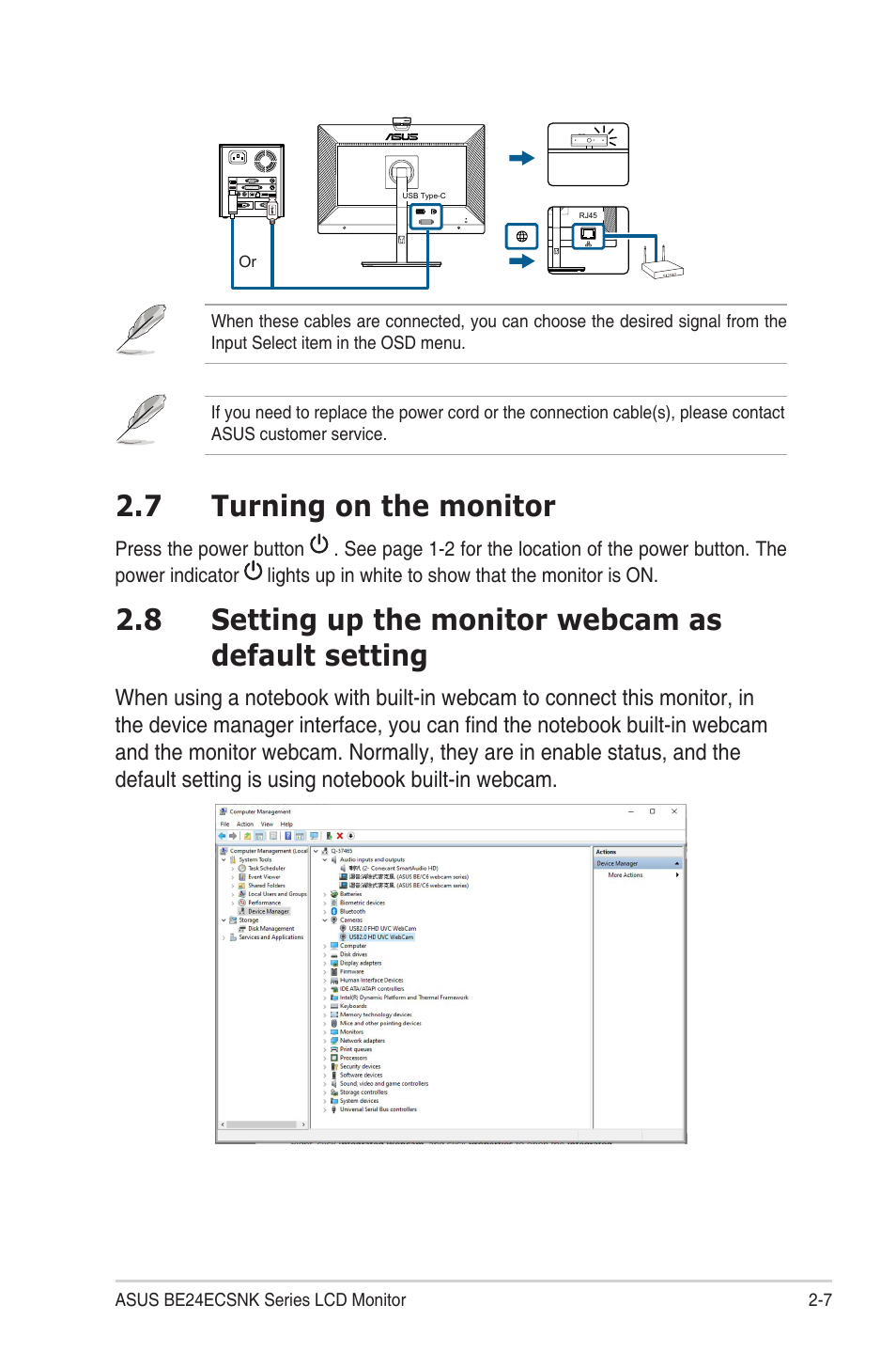 7 turning on the monitor, 8 setting up the monitor webcam as default setting, Turning on the monitor | Setting up the monitor webcam as default setting | Asus BE24ECSNK 23.8" Video Conferencing Monitor User Manual | Page 23 / 44