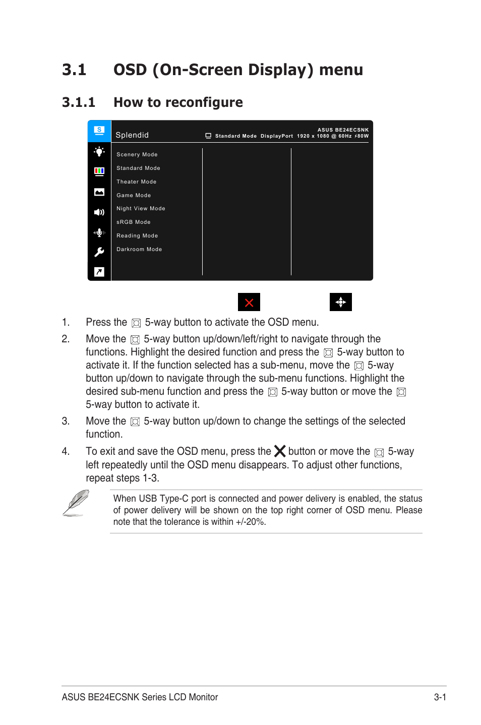 Chapter 3: general instructions, 1 osd (on-screen display) menu, 1 how to reconfigure | Osd (on-screen display) menu, How to reconfigure | Asus BE24ECSNK 23.8" Video Conferencing Monitor User Manual | Page 31 / 44