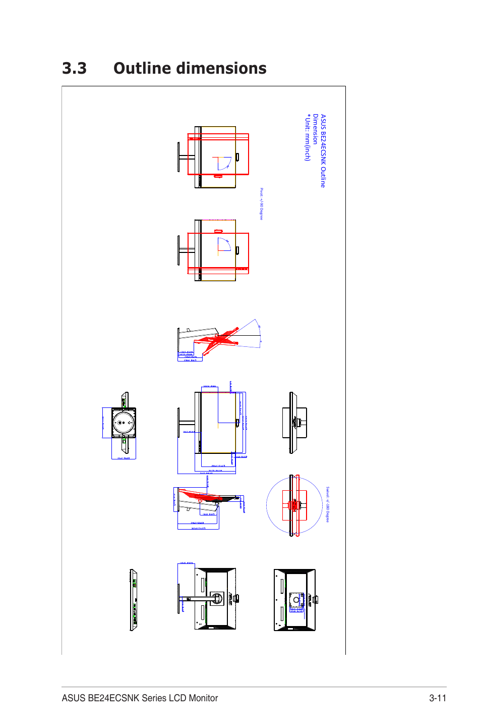 3 outline dimensions, Outline dimensions, 11 asus be24ecsnk series lcd monitor | Asus BE24ECSNK 23.8" Video Conferencing Monitor User Manual | Page 41 / 44