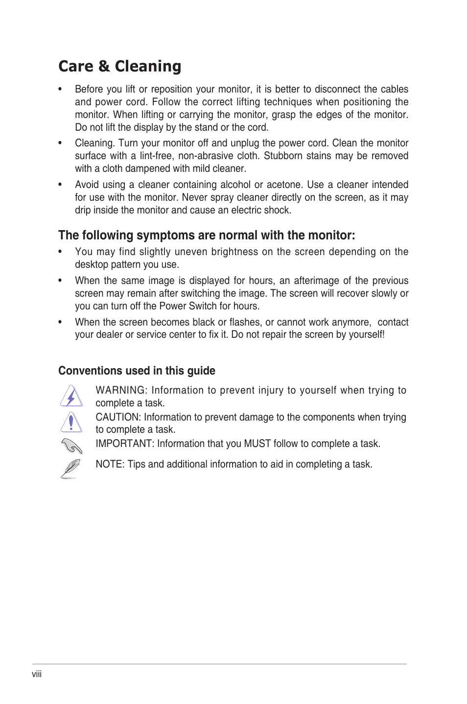 Care & cleaning, The following symptoms are normal with the monitor | Asus BE24ECSNK 23.8" Video Conferencing Monitor User Manual | Page 8 / 44