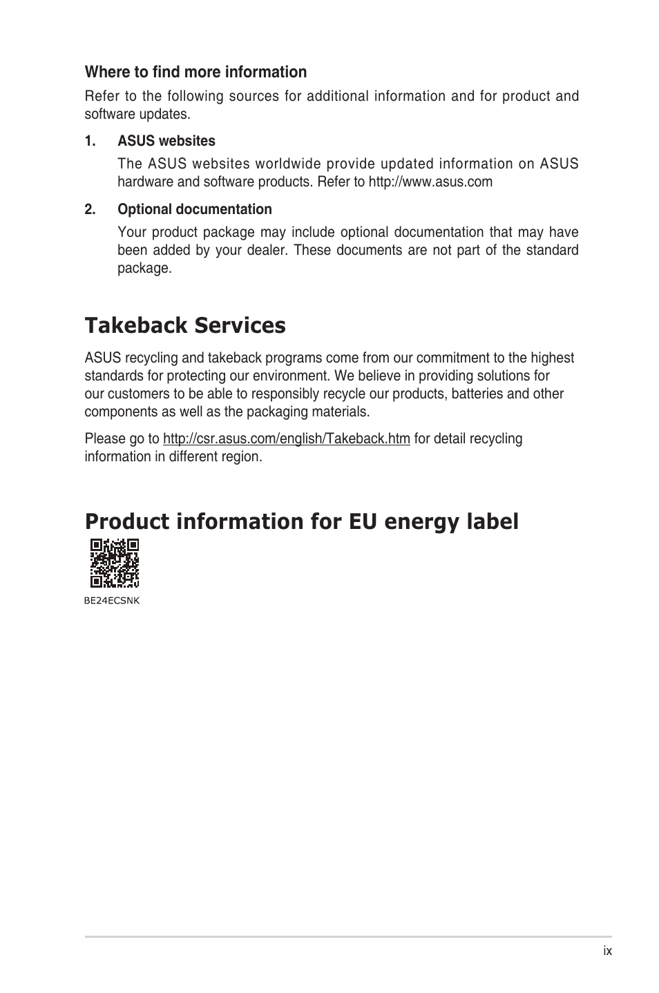 Takeback services, Product information for eu energy label | Asus BE24ECSNK 23.8" Video Conferencing Monitor User Manual | Page 9 / 44